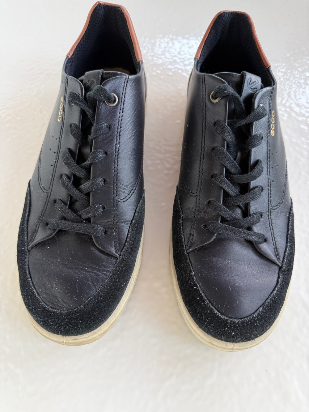 ECCO Street Lite Luxe Black Leather Sneakers with Brown Heel Accent
